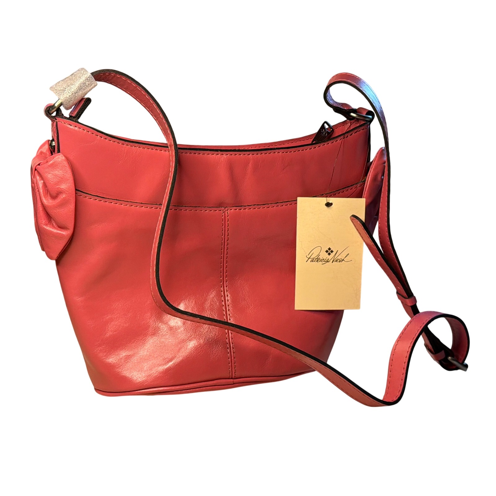 Patricia Nash Savoca Leather Bucket Bag Petal Pink Bow Trim Crossbody Purse New